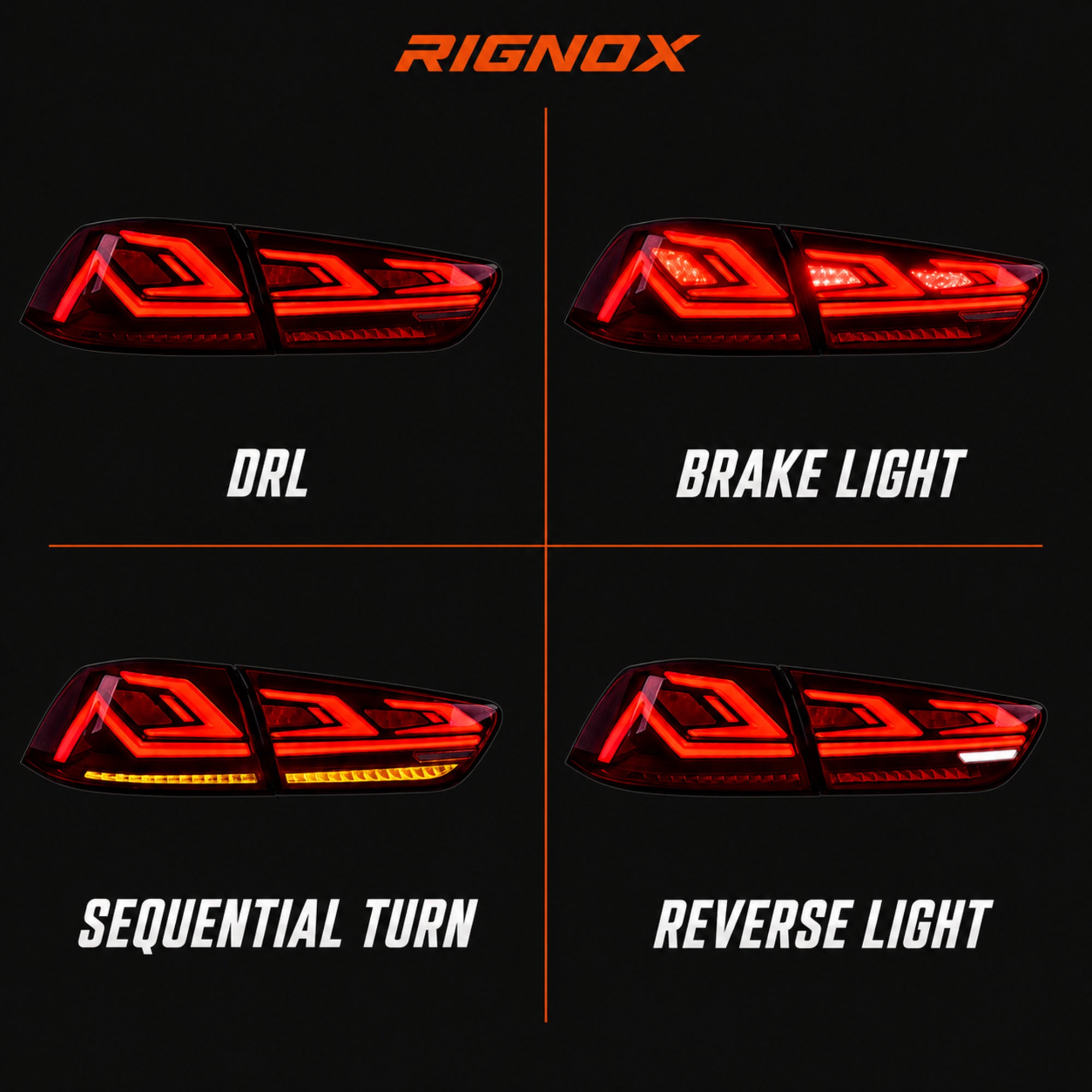 2008-2018 Mitsubishi Lancer / EVO X Sequential LED Tail Lights — smoke red sequential light modes11 - T-EVO-SR