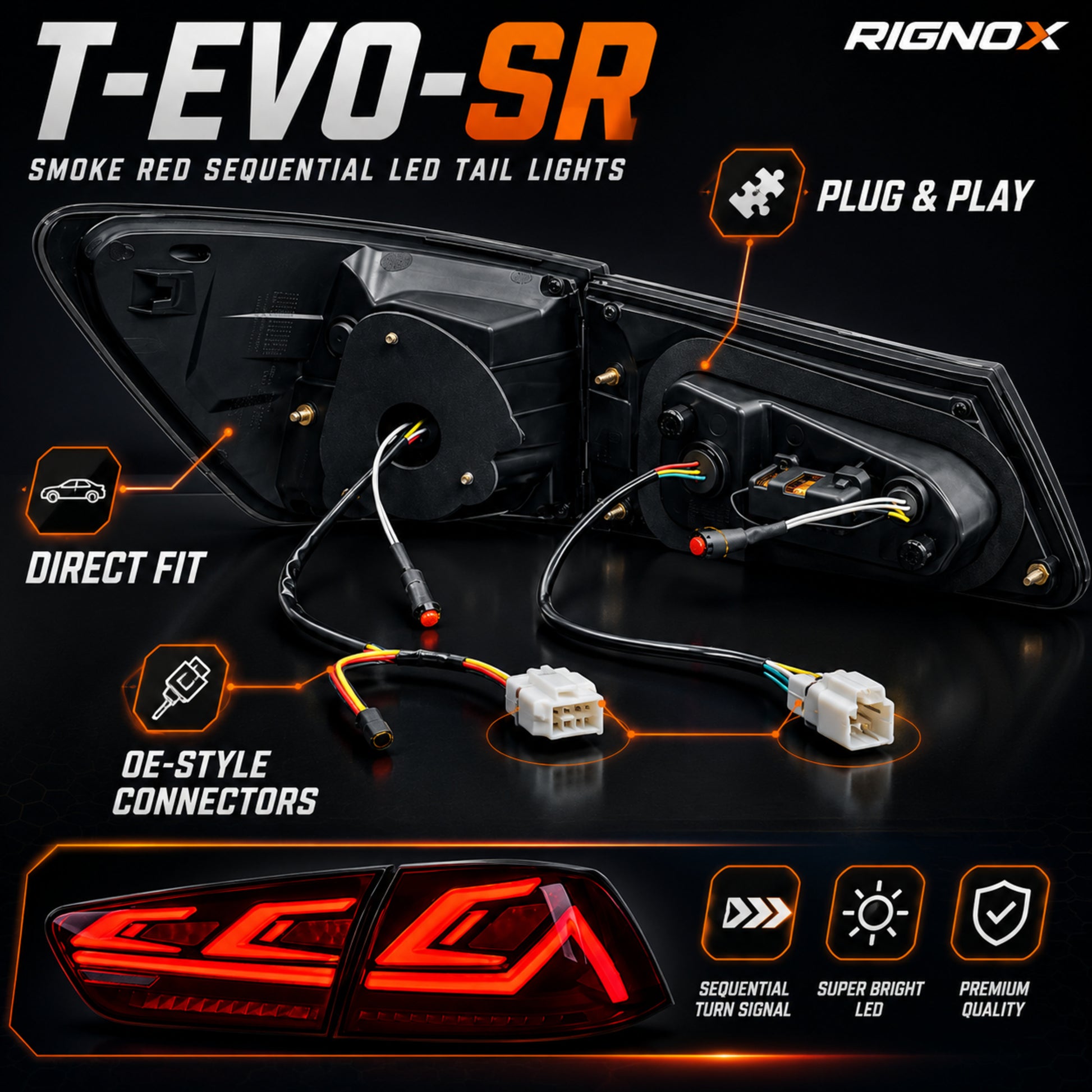 2008-2018 Mitsubishi Lancer / EVO X Sequential LED Tail Lights — smoke red sequential plug play install14 - T-EVO-SR