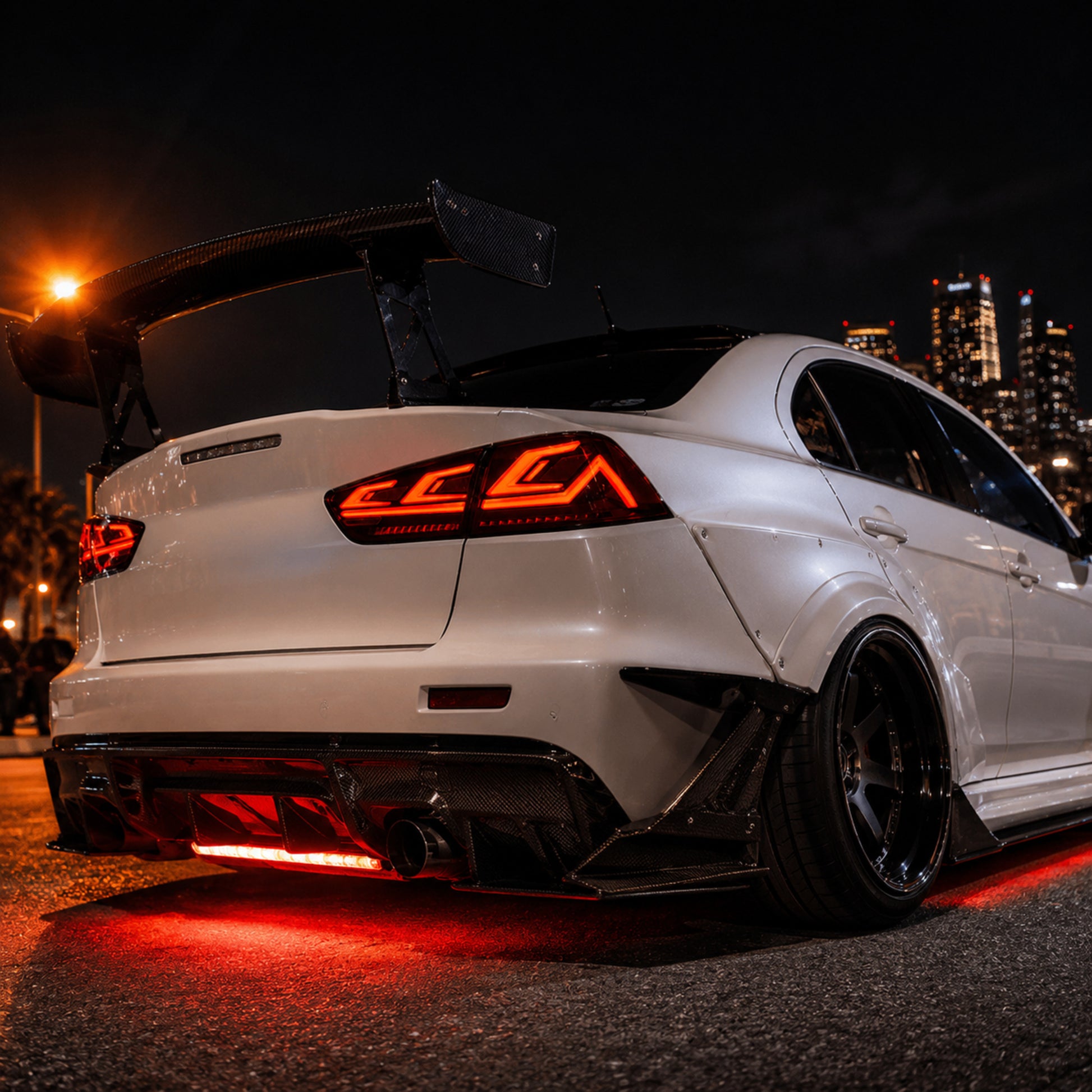 2008-2018 Mitsubishi Lancer / EVO X Sequential LED Tail Lights — smoke red sequential rear45 night03 - T-EVO-SR