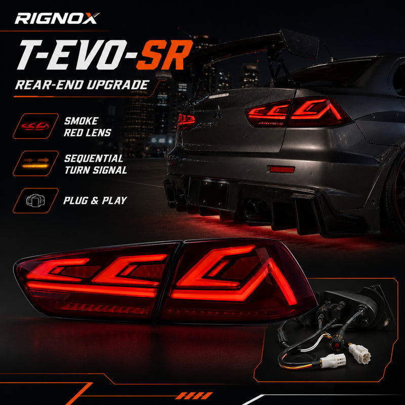 2008-2018 Mitsubishi Lancer / EVO X Sequential LED Tail Lights — smoke red sequential summary16 - T-EVO-SR