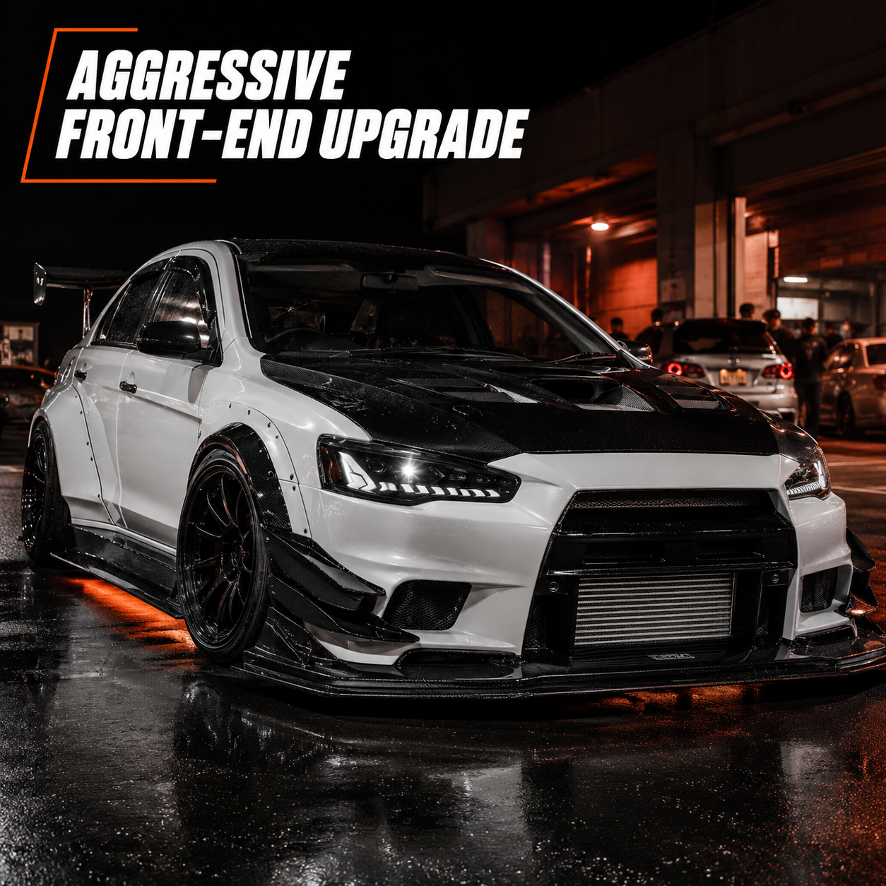2008-2018 Mitsubishi Lancer / EVO X LED Projector Headlights — black housing smoked lens car meet front 45 text - H-EVO-CW