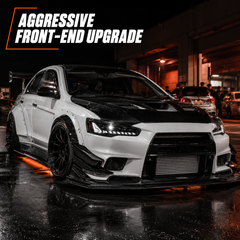 2008-2018 Mitsubishi Lancer / EVO X LED Projector Headlights — black housing smoked lens car meet front 45 text - H-EVO-CW