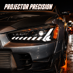 2008-2018 Mitsubishi Lancer / EVO X LED Projector Headlights — black housing smoked lens car meet lens close up text - H-EVO-CW