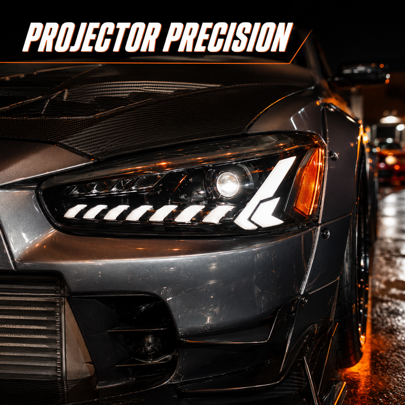 2008-2018 Mitsubishi Lancer / EVO X LED Projector Headlights — black housing smoked lens car meet lens close up text - H-EVO-CW