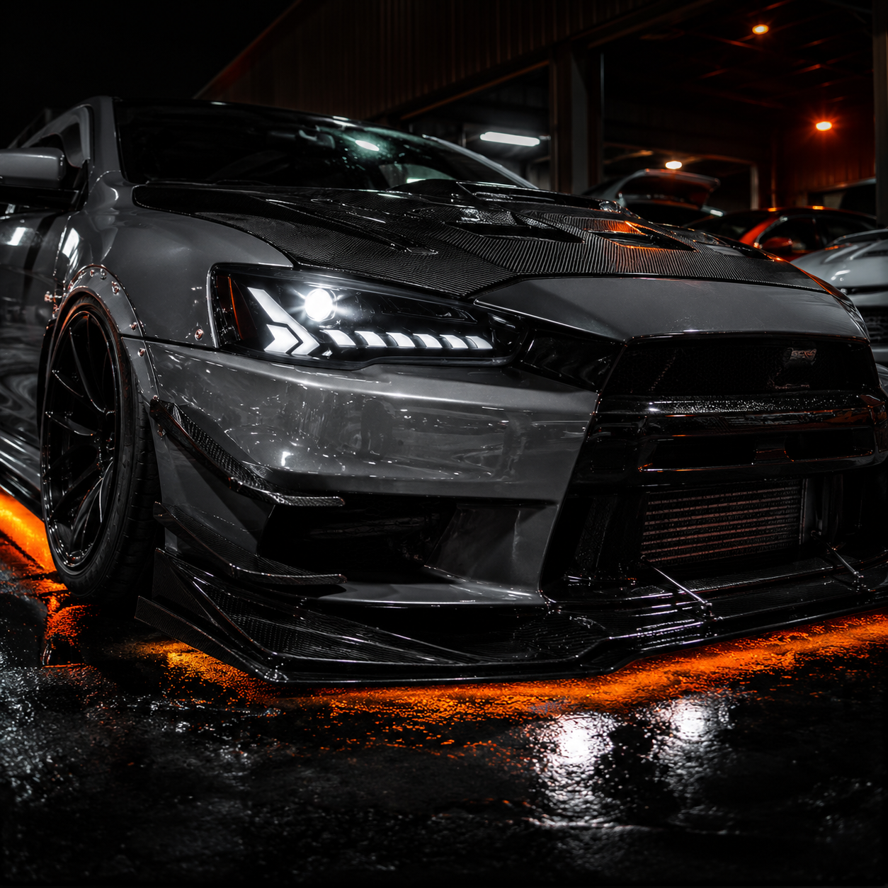 2008-2018 Mitsubishi Lancer / EVO X LED Projector Headlights — black housing smoked lens car meet low front detail - H-EVO-CW