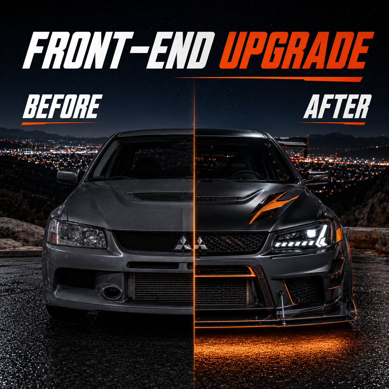 2008-2018 Mitsubishi Lancer / EVO X LED Projector Headlights — clear RGB sequential before after - H-EVO-CW