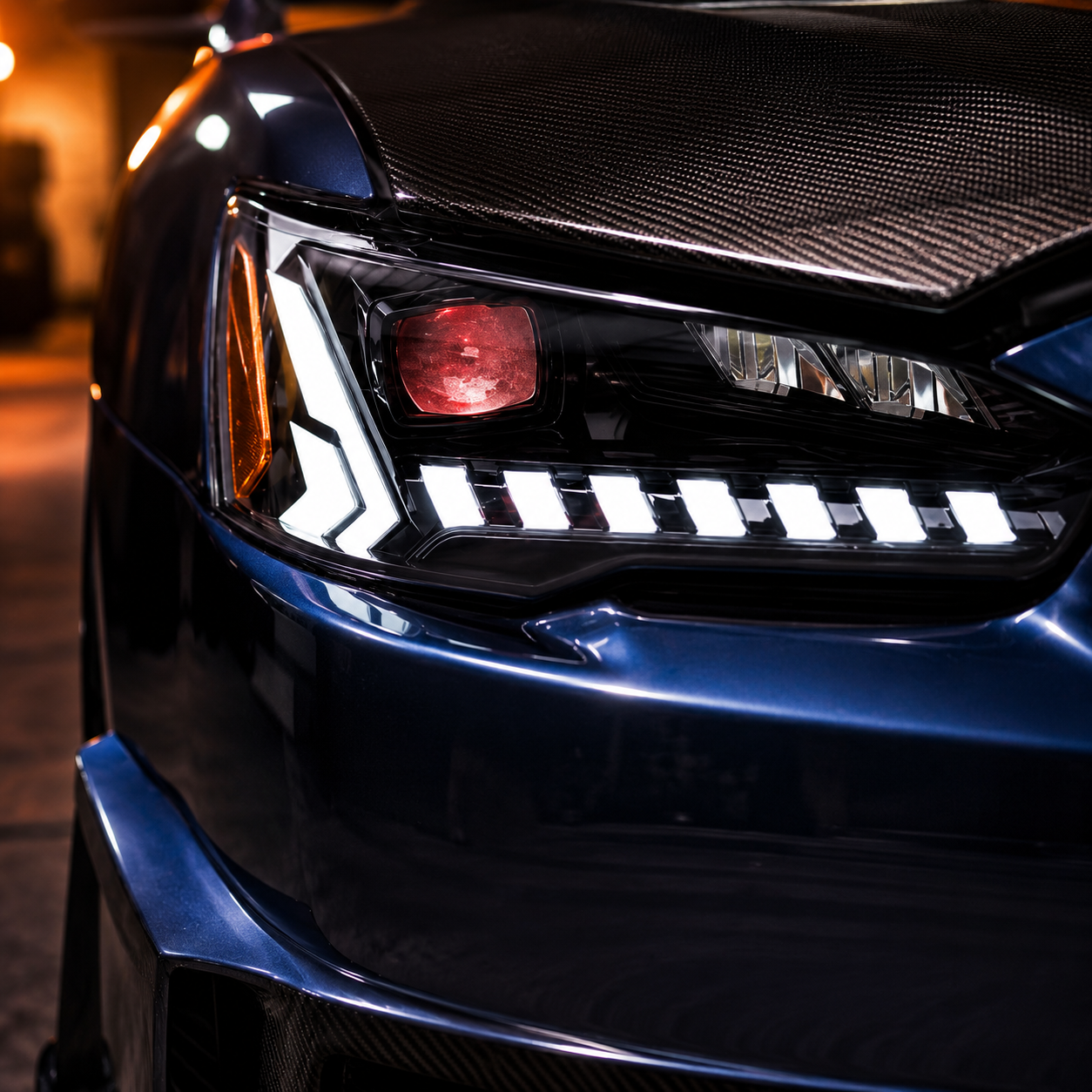 2008-2018 Mitsubishi Lancer / EVO X LED Projector Headlights — clear RGB sequential lens close up - H-EVO-CW