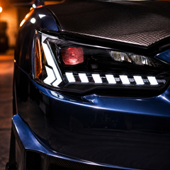 2008-2018 Mitsubishi Lancer / EVO X LED Projector Headlights — clear RGB sequential lens close up - H-EVO-CW