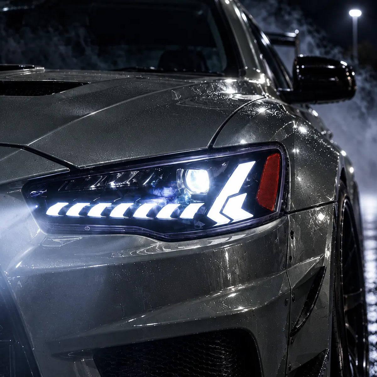 2008-2017 Mitsubishi Lancer / EVO X LED Projector Headlights — lights on close up  — H-EVO-CW