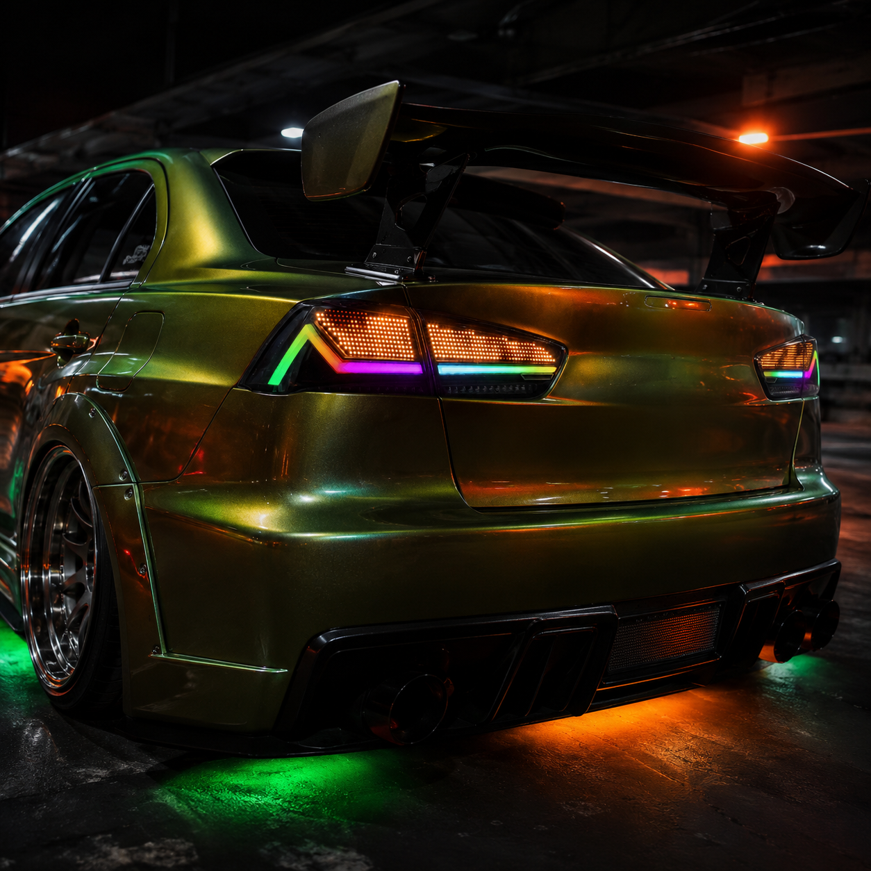 2008-2018 Mitsubishi Lancer / EVO X Sequential LED Tail Lights — amber digital RGB rear 45 close - T-EVO-SDG