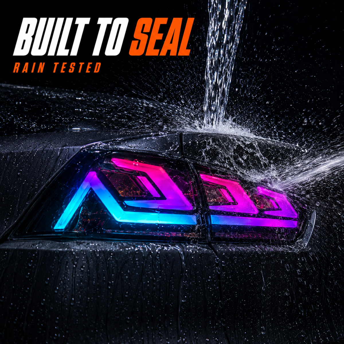 2008-2018 Mitsubishi Lancer / EVO X Sequential LED Tail Lights — waterproof water pour close-up — T-EVO-SRGB