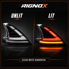 2008-2021 Nissan 370Z Z34 Sequential LED Tail Lights — clear white sequential lit unlit comparison 09 0ae05213 2f8e 41b2 - T-370Z-CW
