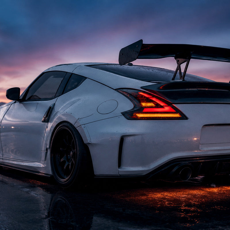 2008-2021 Nissan 370Z Z34 Sequential LED Tail Lights — clear white sequential rear45 low stance - T-370Z-CW
