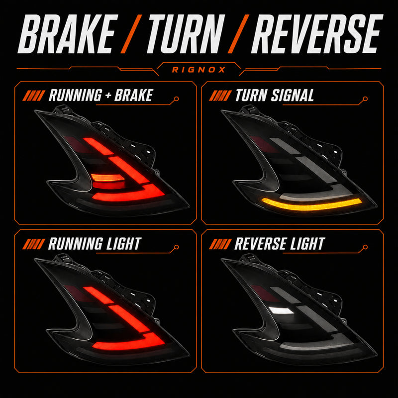 2008-2021 Nissan 370Z Z34 Sequential LED Tail Lights — partial rgbsequential light functions redesign02 - T-370Z-CRGB-P