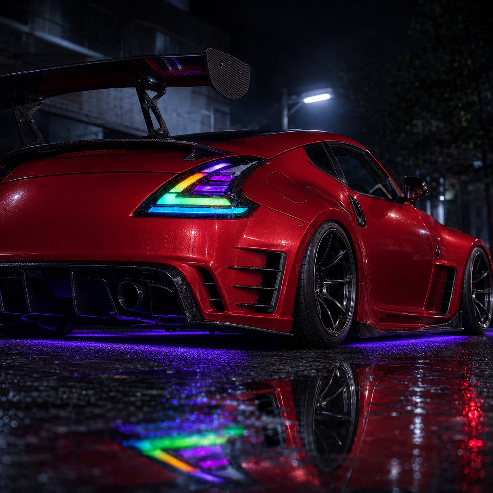 2008-2021 Nissan 370Z Z34 Sequential LED Tail Lights — RGB low rear angle - T-370Z-CRGB