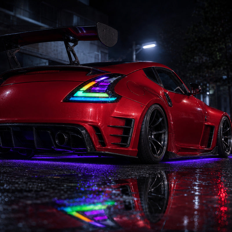 2008-2021 Nissan 370Z Z34 Sequential LED Tail Lights — RGB low rear angle - T-370Z-CRGB