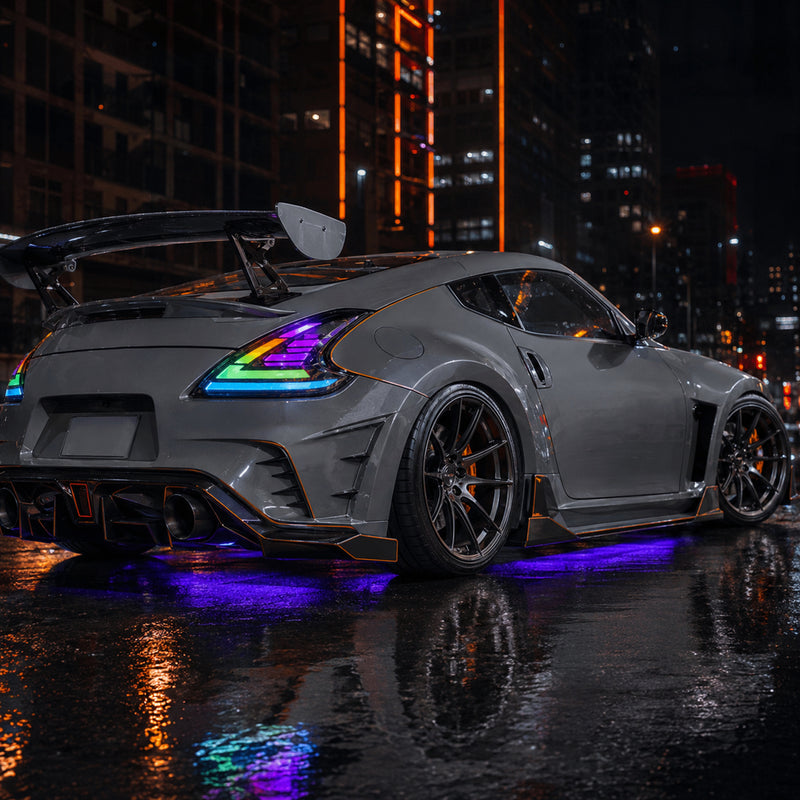 2008-2021 Nissan 370Z Z34 Sequential LED Tail Lights — RGB social night shot - T-370Z-CRGB