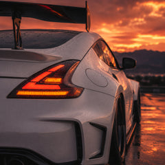 2008-2021 Nissan 370Z Z34 Sequential LED Tail Lights — smoked white sequential close scene pearl white left rear 02 - T-370Z-SW