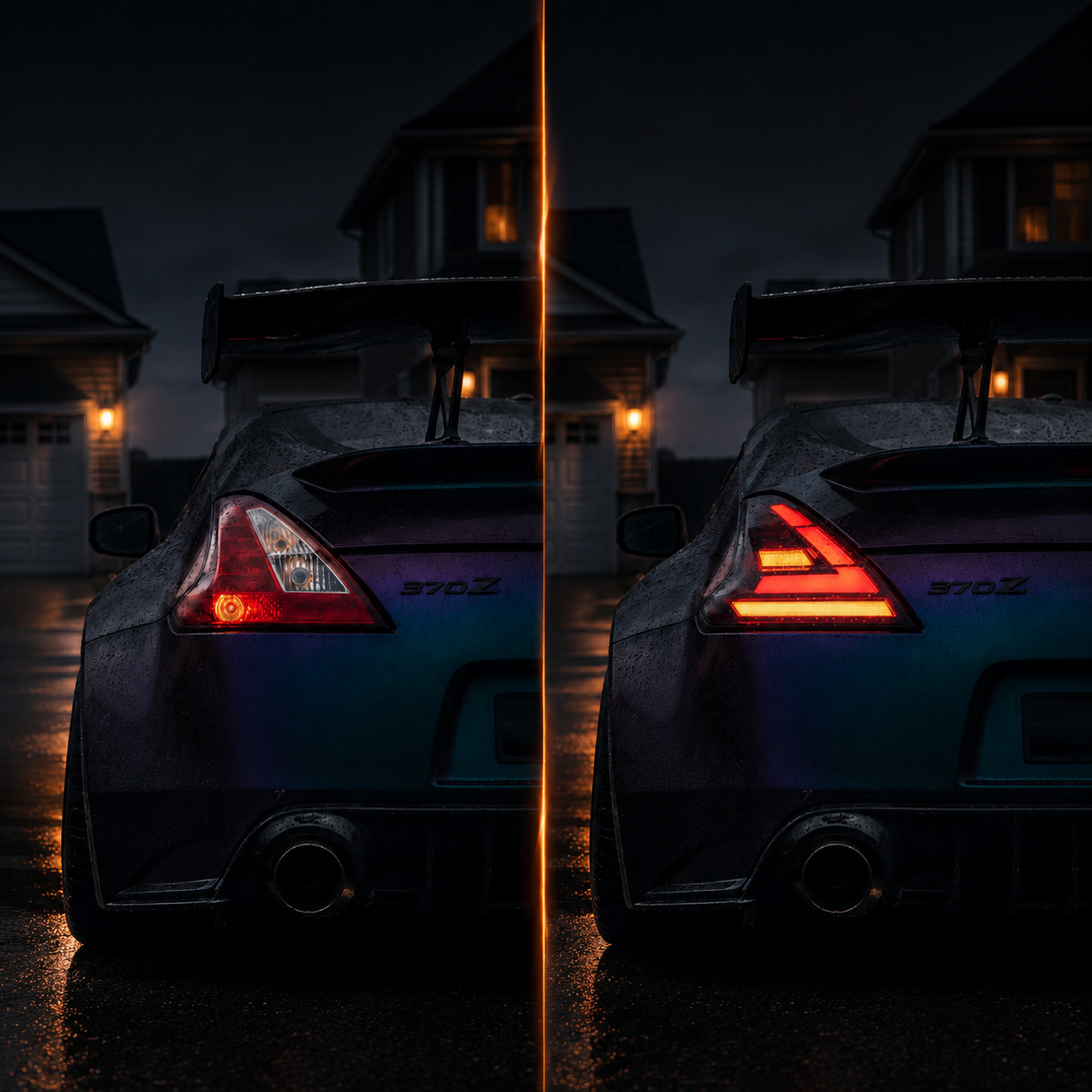 2008-2021 Nissan 370Z Z34 Sequential LED Tail Lights — clear white sequential before after house street draft - T-370Z-CW