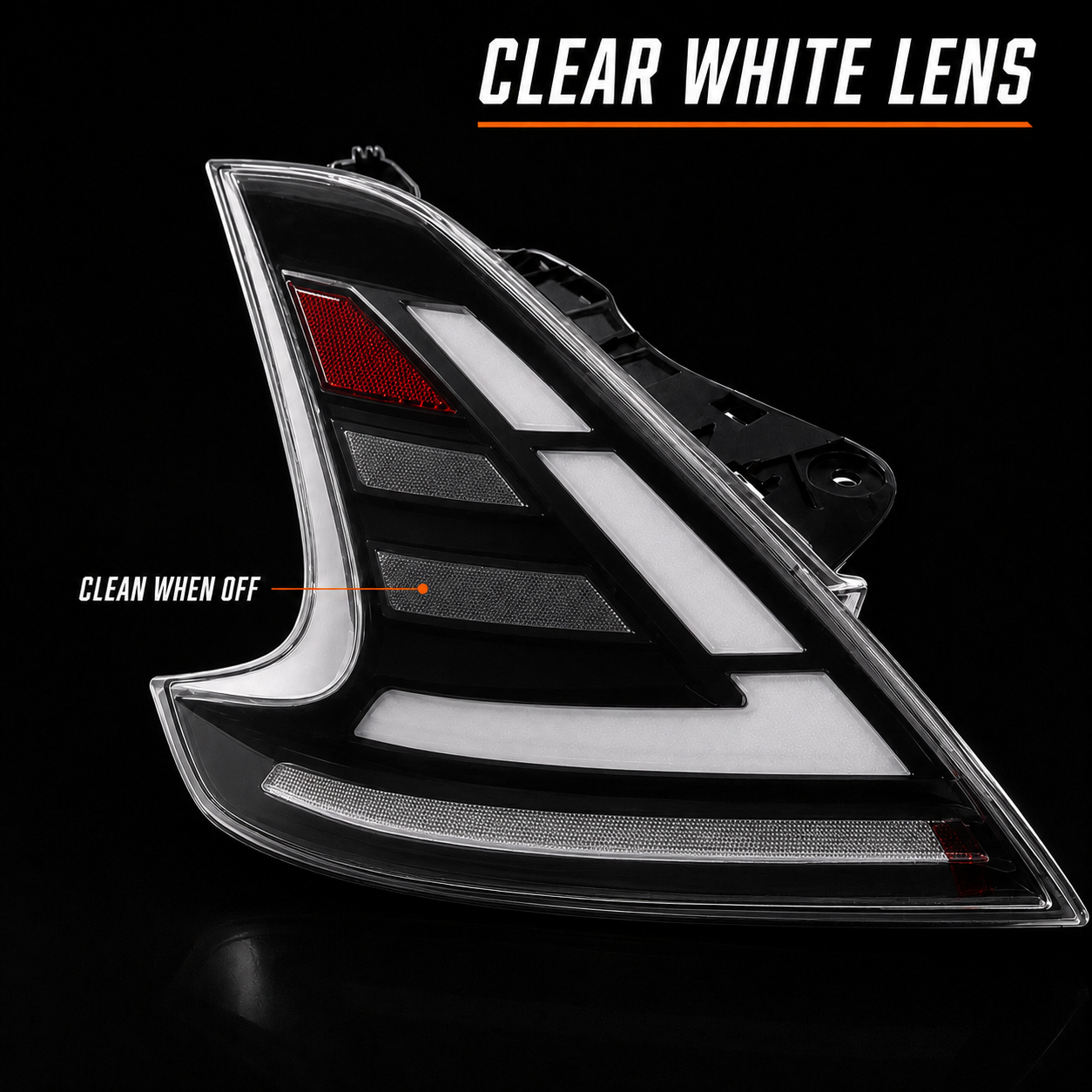 2008-2021 Nissan 370Z Z34 Sequential LED Tail Lights — clear white sequential white background pair - T-370Z-CW