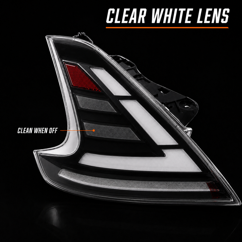 2008-2021 Nissan 370Z Z34 Sequential LED Tail Lights — clear white sequential white background pair - T-370Z-CW