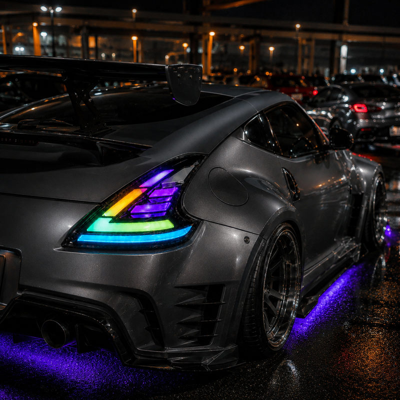 2008-2021 Nissan 370Z Z34 Sequential LED Tail Lights — RGB close scene - T-370Z-CRGB