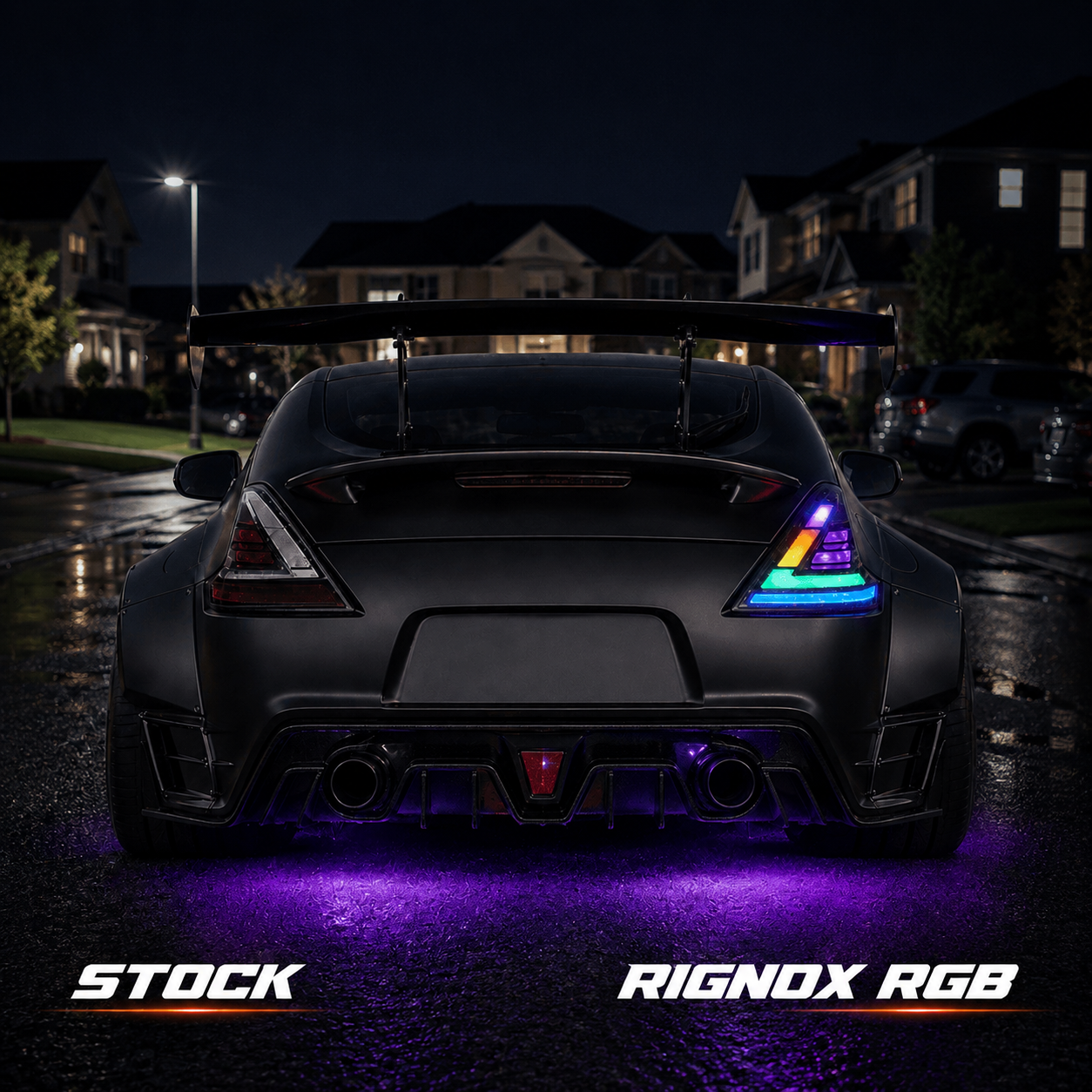 2008-2021 Nissan 370Z Z34 Sequential LED Tail Lights — RGB residential night before after - T-370Z-CRGB
