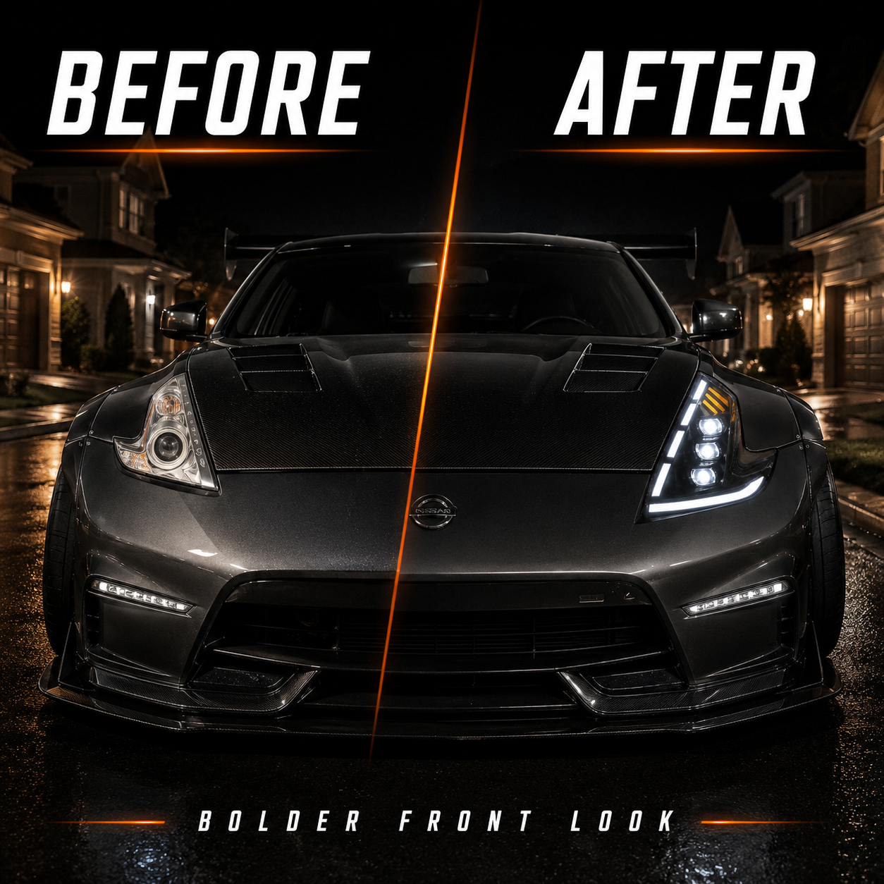 2008-2021 Nissan 370Z Z34 LED Triple Projector Headlights — black housing LED triple projector before after night house