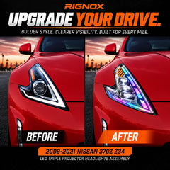 2009-2020 Nissan 370Z Z34 LED Triple Projector Headlights Assembly — before and after comparison — H-370Z08-CH-RGB