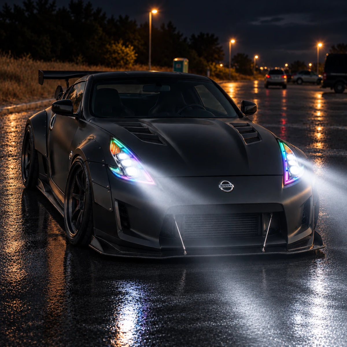 2009-2020 Nissan 370Z Z34 LED Triple Projector Headlights Assembly — night lighting view — H-370Z08-CH-RGB