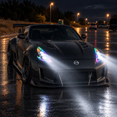 2009-2020 Nissan 370Z Z34 LED Triple Projector Headlights Assembly — night lighting view — H-370Z08-CH-RGB