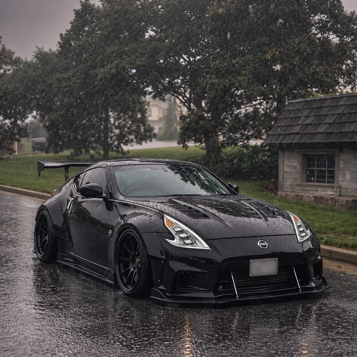 2009-2020 Nissan 370Z Z34 LED Triple Projector Headlights Assembly — rain scene — H-370Z08-CH-RGB