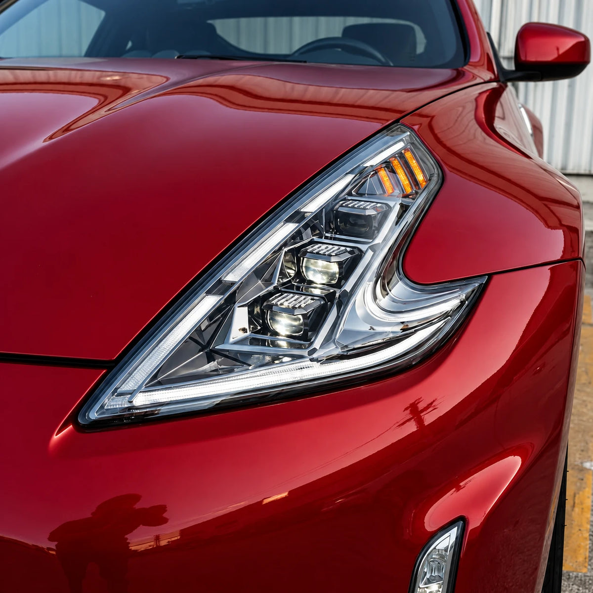 2009-2020 Nissan 370Z Z34 LED Triple Projector Headlights Assembly — lights-off close-up — H-370Z08-CH-RGB