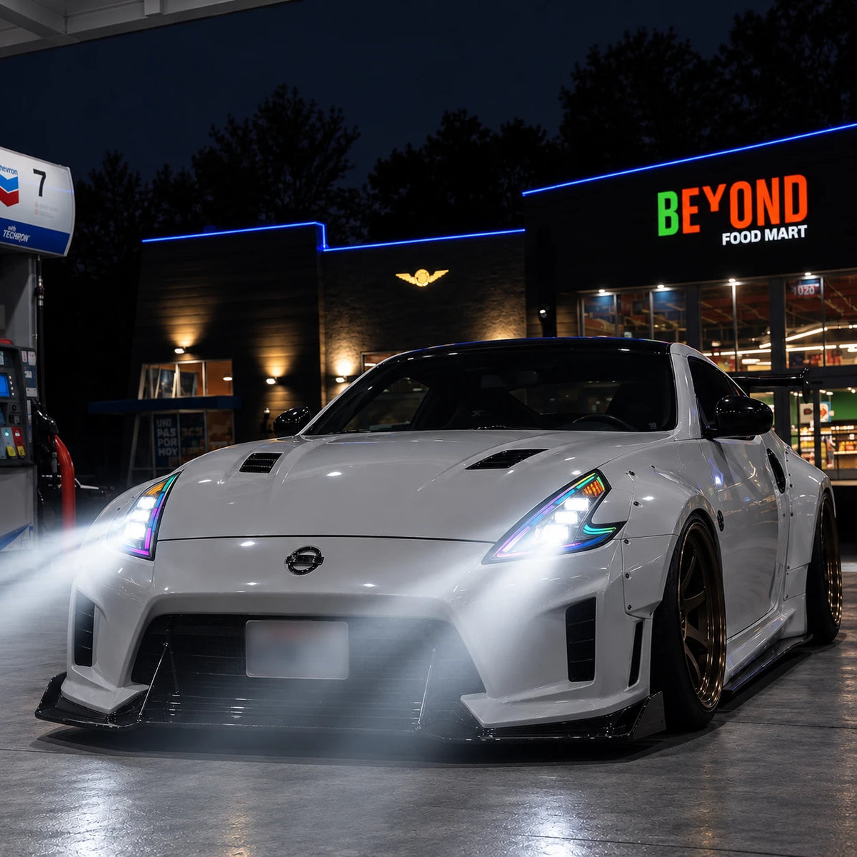 2009-2020 Nissan 370Z Z34 LED Triple Projector Headlights Assembly — night driving view — H-370Z08-CH-RGB