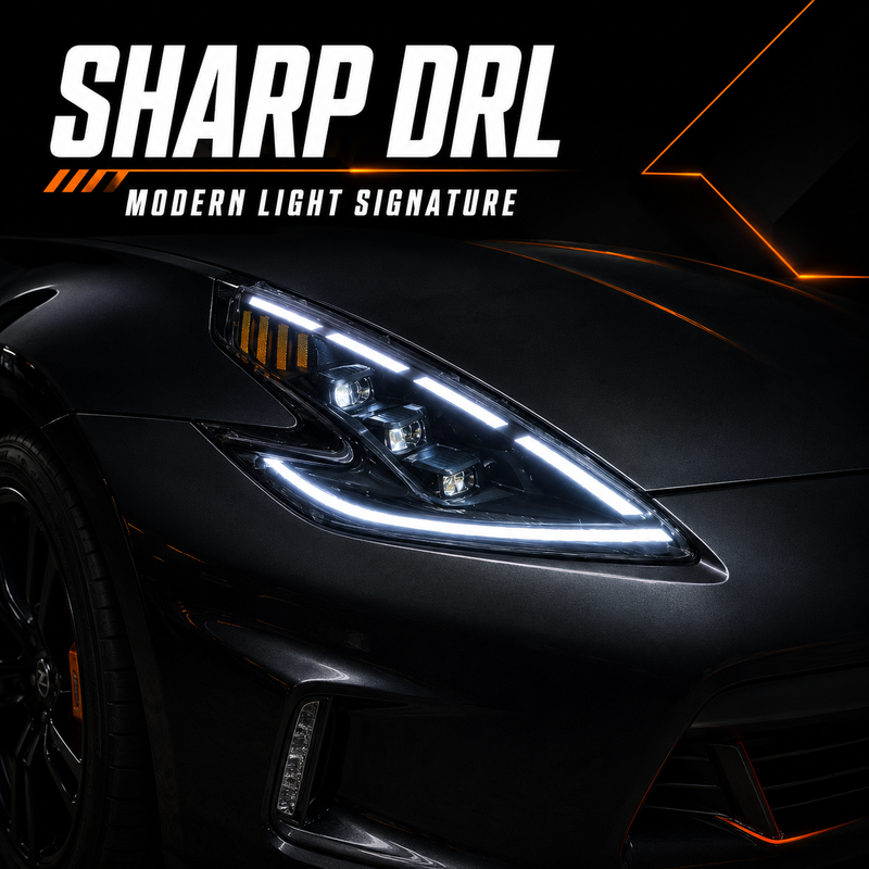 2008-2021 Nissan 370Z Z34 LED Triple Projector Headlights — black housing LED projector DRL light bar