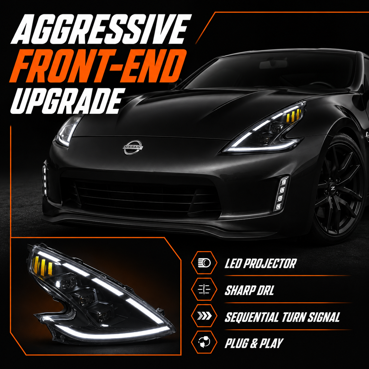 2008-2021 Nissan 370Z Z34 LED Triple Projector Headlights — black housing LED projector feature summary