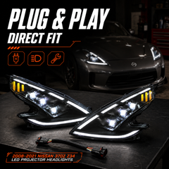 2008-2021 Nissan 370Z Z34 LED Triple Projector Headlights — black housing LED projector plug play