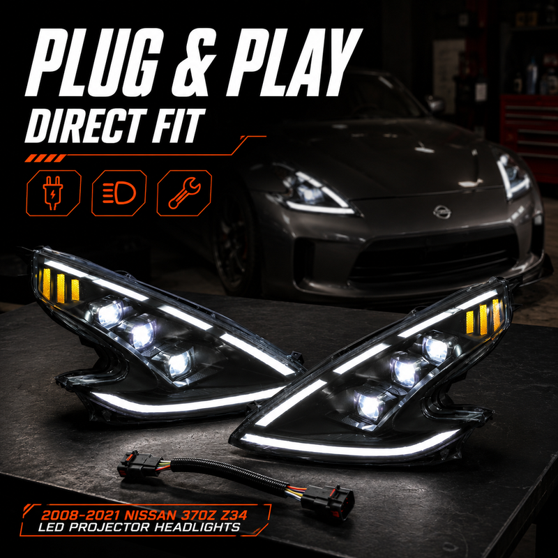 2008-2021 Nissan 370Z Z34 LED Triple Projector Headlights — black housing LED projector plug play