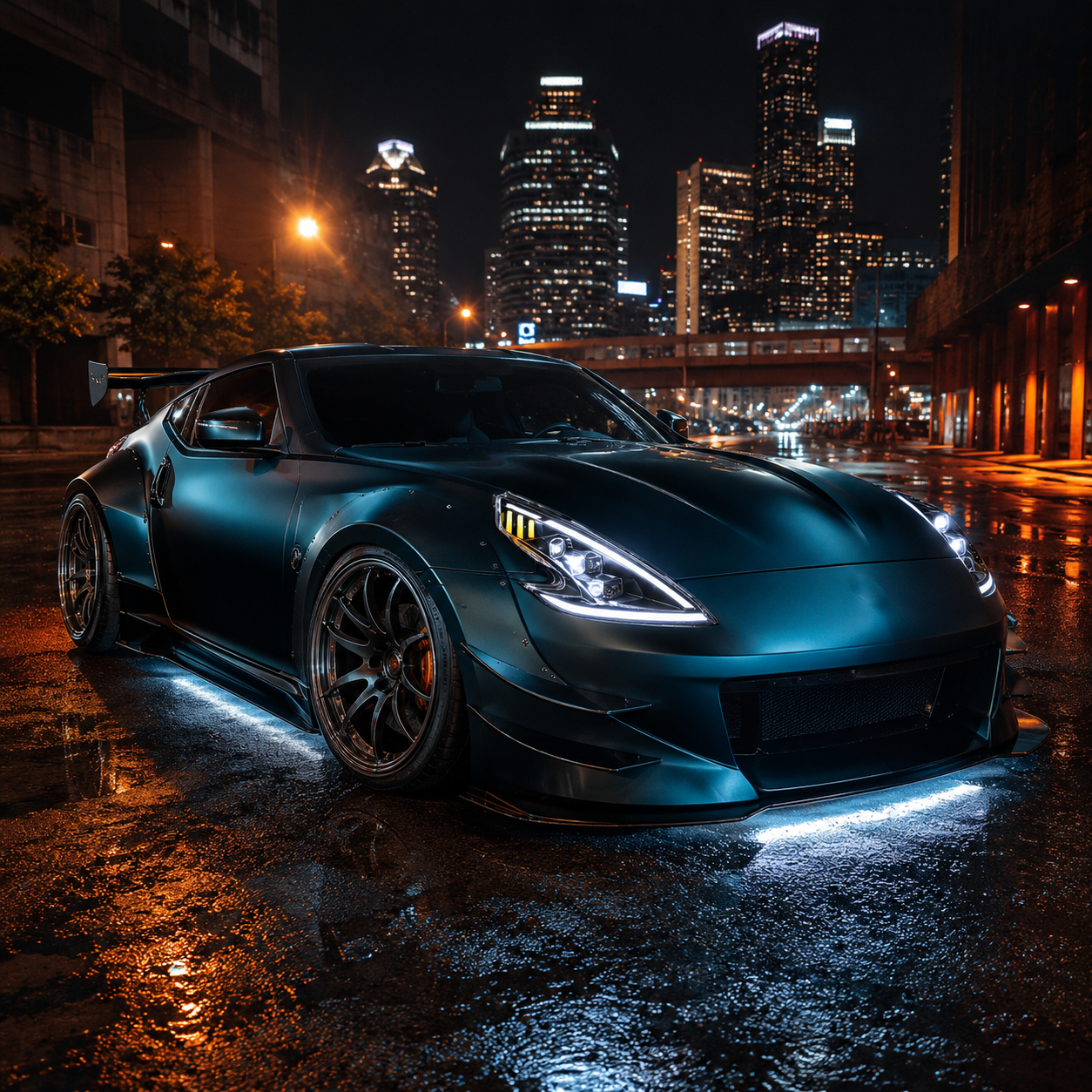 2008-2021 Nissan 370Z Z34 LED Triple Projector Headlights — black housing LED projector side 45