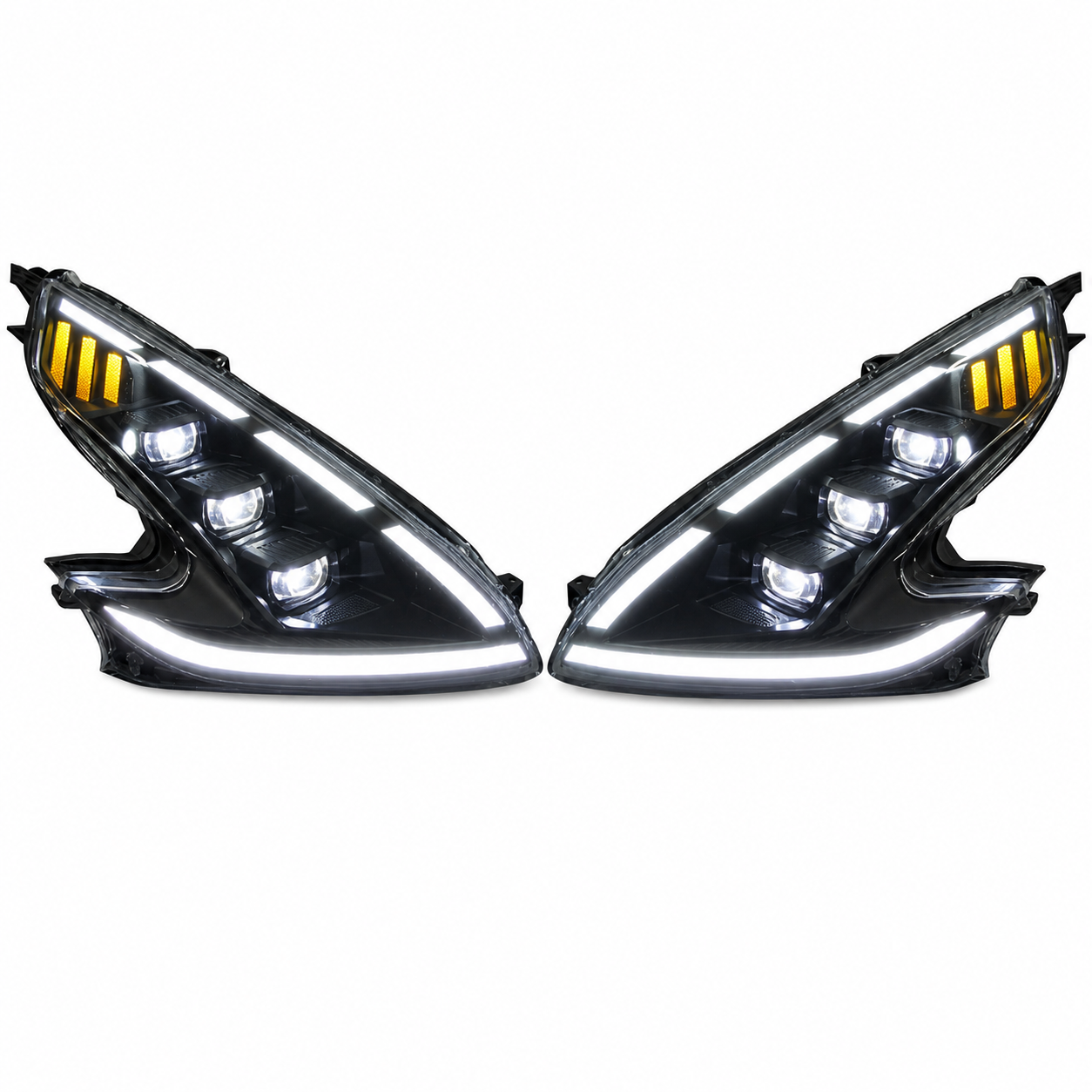 2008-2021 Nissan 370Z Z34 LED Triple Projector Headlights — black housing LED projector white background