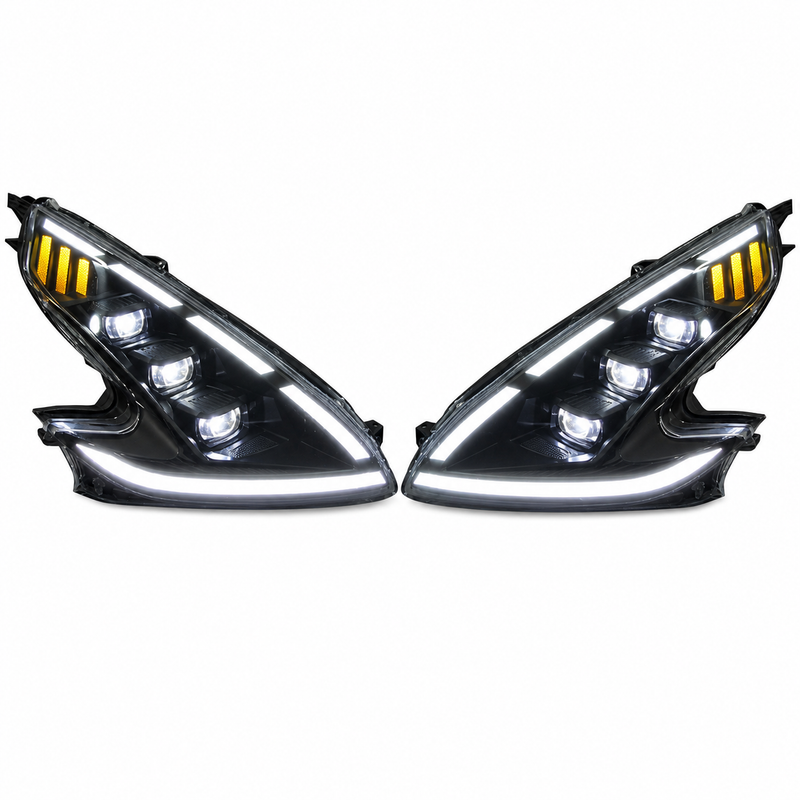 2008-2021 Nissan 370Z Z34 LED Triple Projector Headlights — black housing LED projector white background