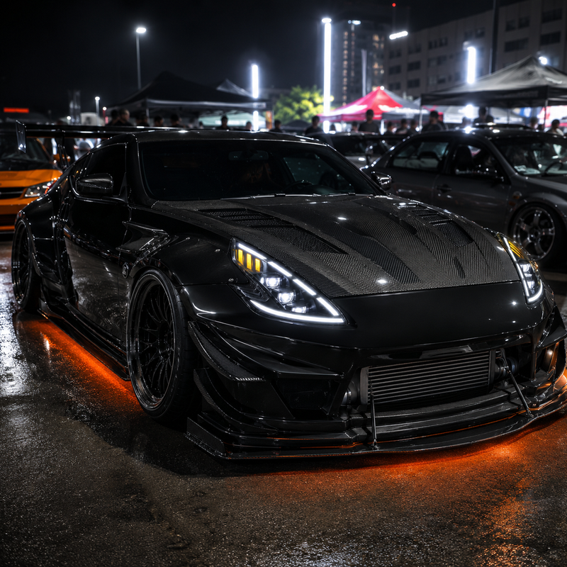 2008-2021 Nissan 370Z Z34 LED Triple Projector Headlights — black housing LED triple projector car meet front 45