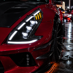 2008-2021 Nissan 370Z Z34 LED Triple Projector Headlights — black housing LED triple projector red black car meet close