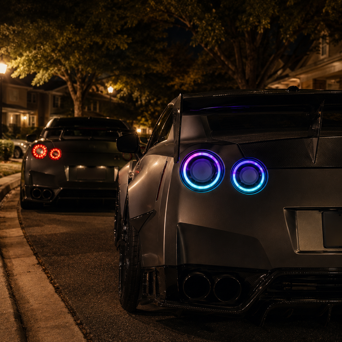 2008-2024 Nissan GT-R R35 Sequential LED Tail Lights NISMO Style — close-up before and after — T-GTR-SRGB