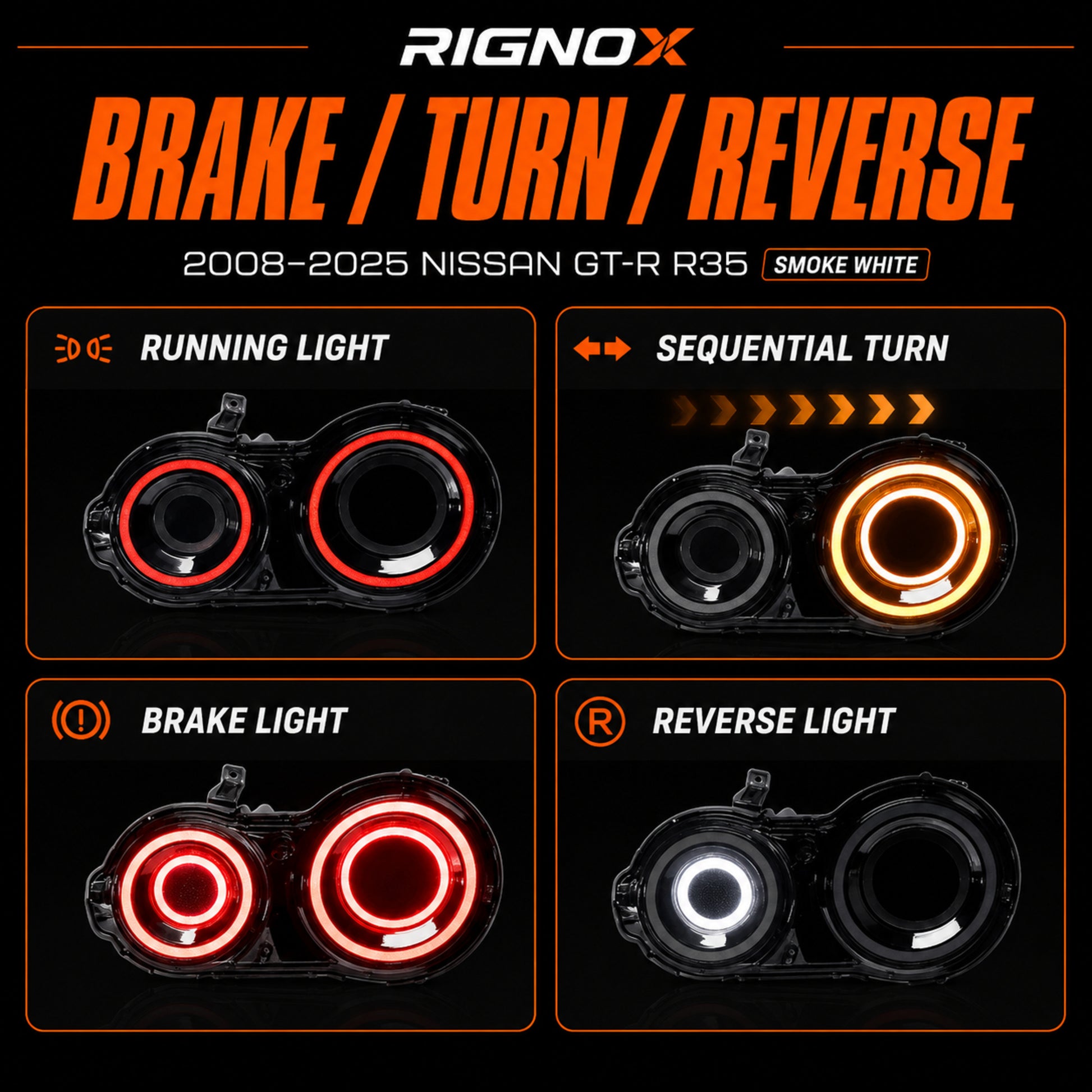 2008-2024 Nissan GT-R R35 Sequential LED Tail Lights — smoke white sequential brake turn reverse12 - T-GTR-SW