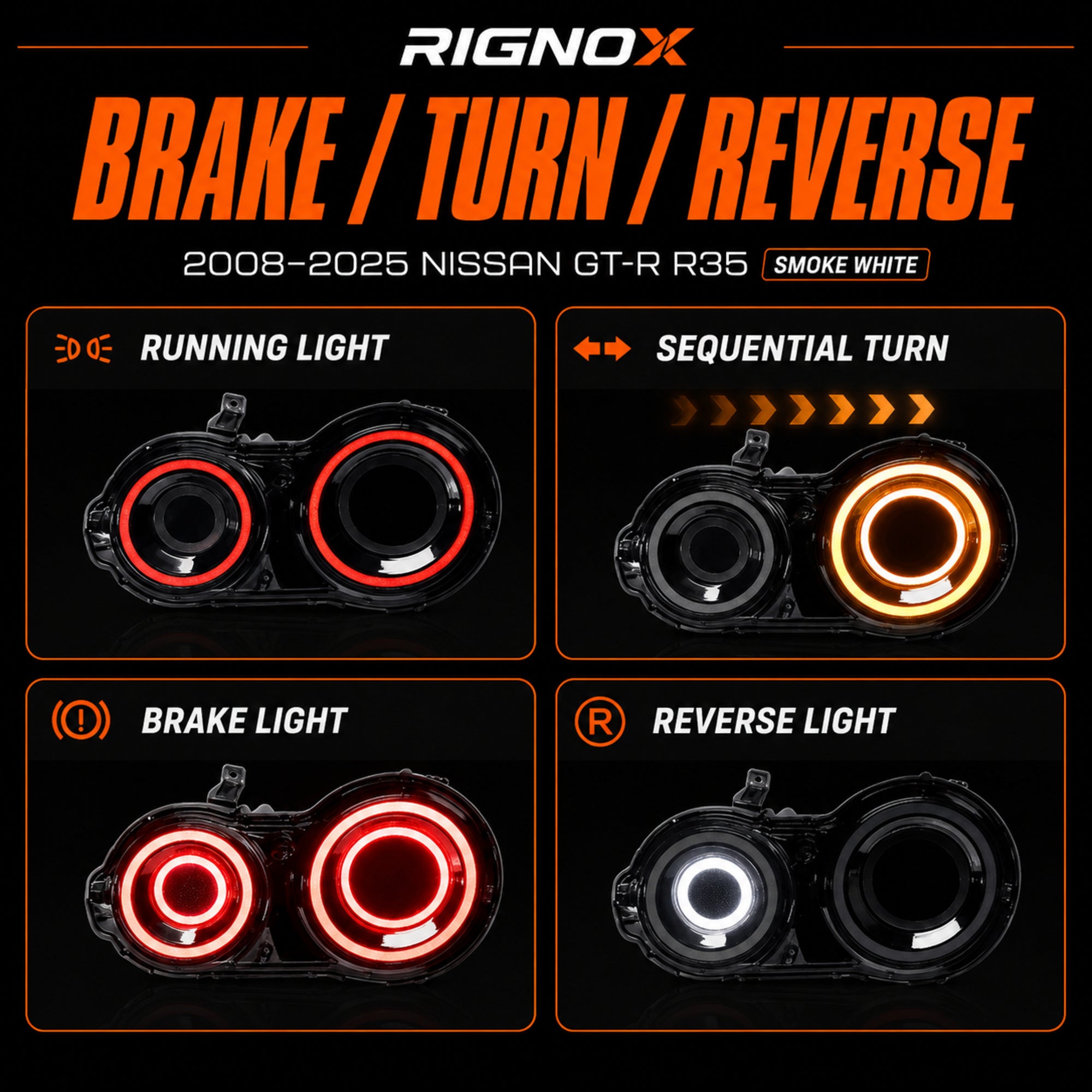 2008-2024 Nissan GT-R R35 Sequential LED Tail Lights — smoke white sequential brake turn reverse12 - T-GTR-SW