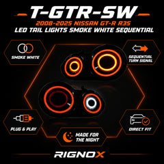 2008-2024 Nissan GT-R R35 Sequential LED Tail Lights — smoke white sequential feature summary - T-GTR-SW