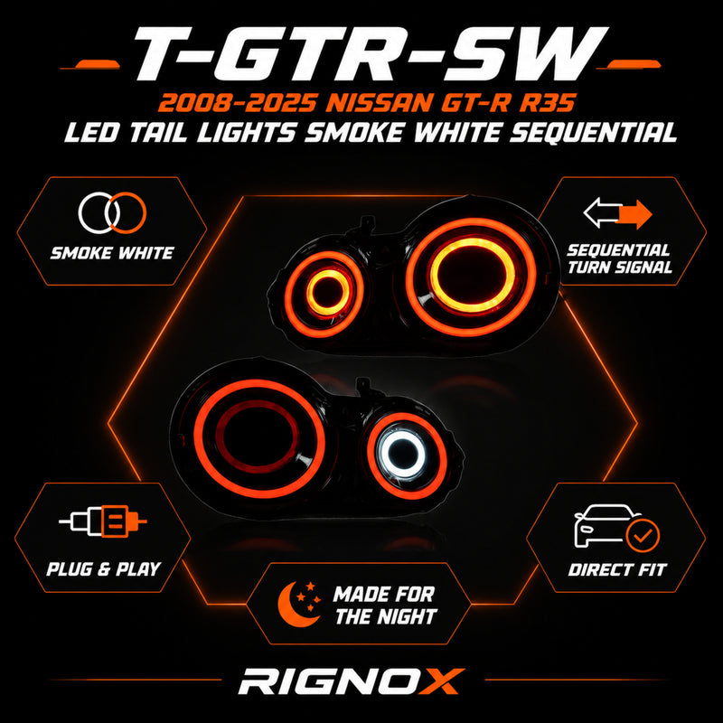 2008-2024 Nissan GT-R R35 Sequential LED Tail Lights — smoke white sequential feature summary - T-GTR-SW