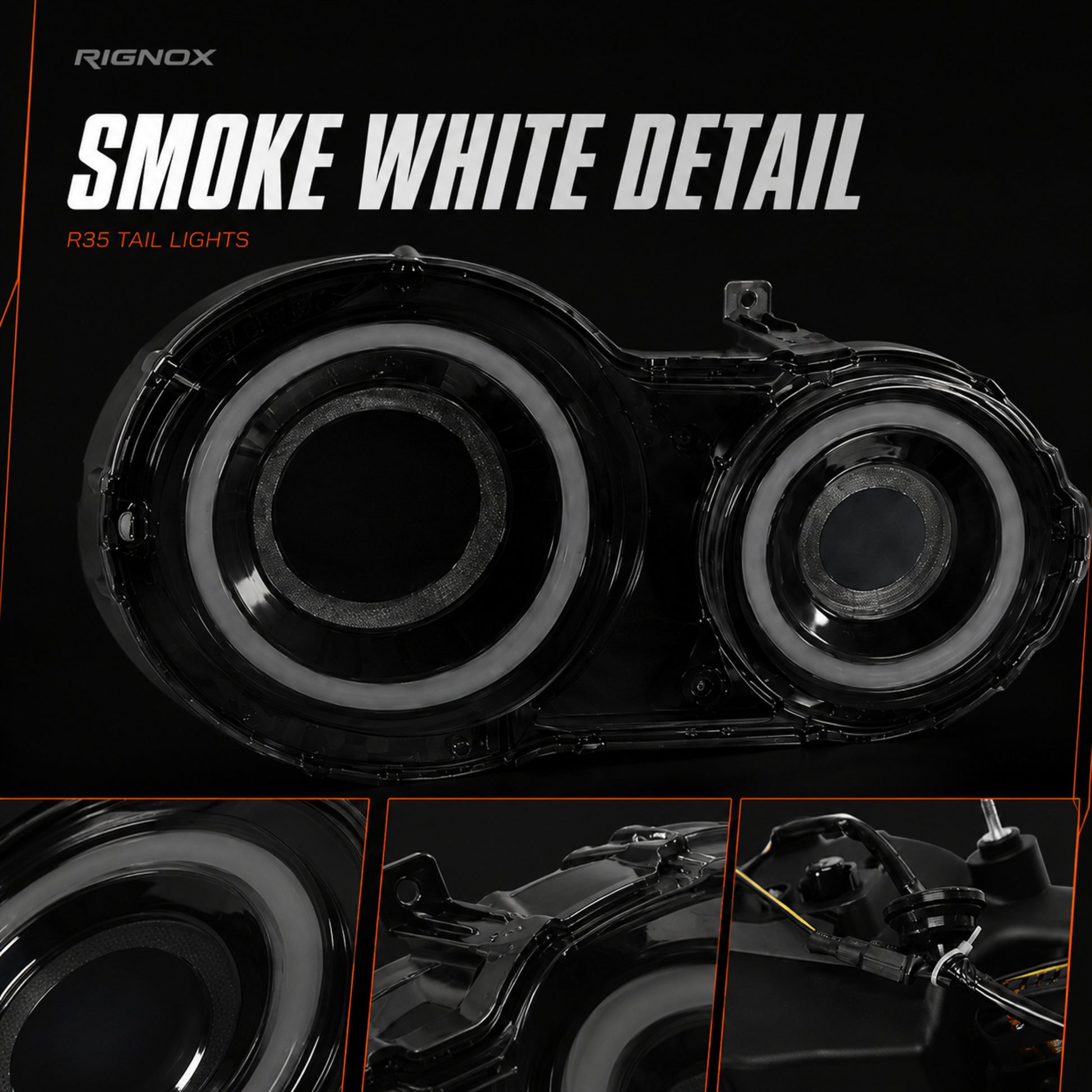 2008-2024 Nissan GT-R R35 Sequential LED Tail Lights — smoke white sequential lens close up15 - T-GTR-SW