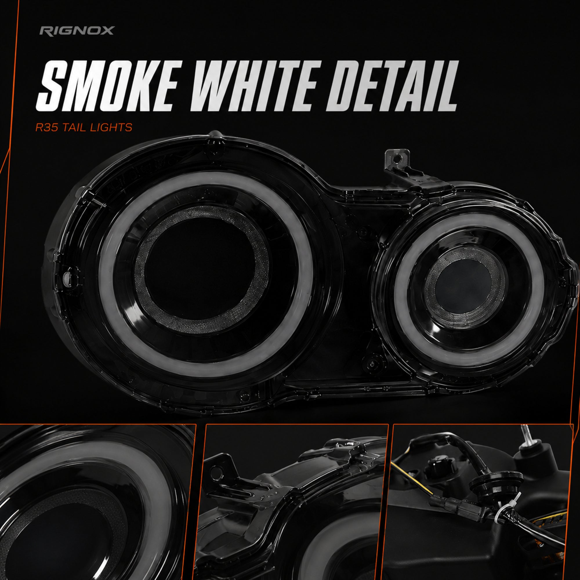 2008-2024 Nissan GT-R R35 Sequential LED Tail Lights — smoke white sequential lens close up15 - T-GTR-SW